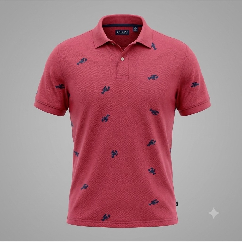 Chaps Men's Cape Cod Red w Blue Lobsters Short Sleeve Polo Shirt. Size XL